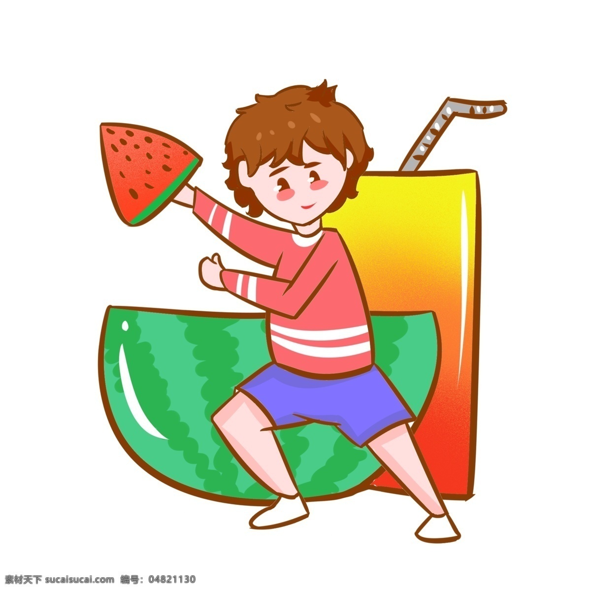 冰 爽 西瓜 汽水 解暑 手绘 插画 卡通 风扇 冰淇淋 小男孩 清爽 凉爽 夏天 夏季 嬉戏 开心 玩耍 童趣 避暑 降温 小清新