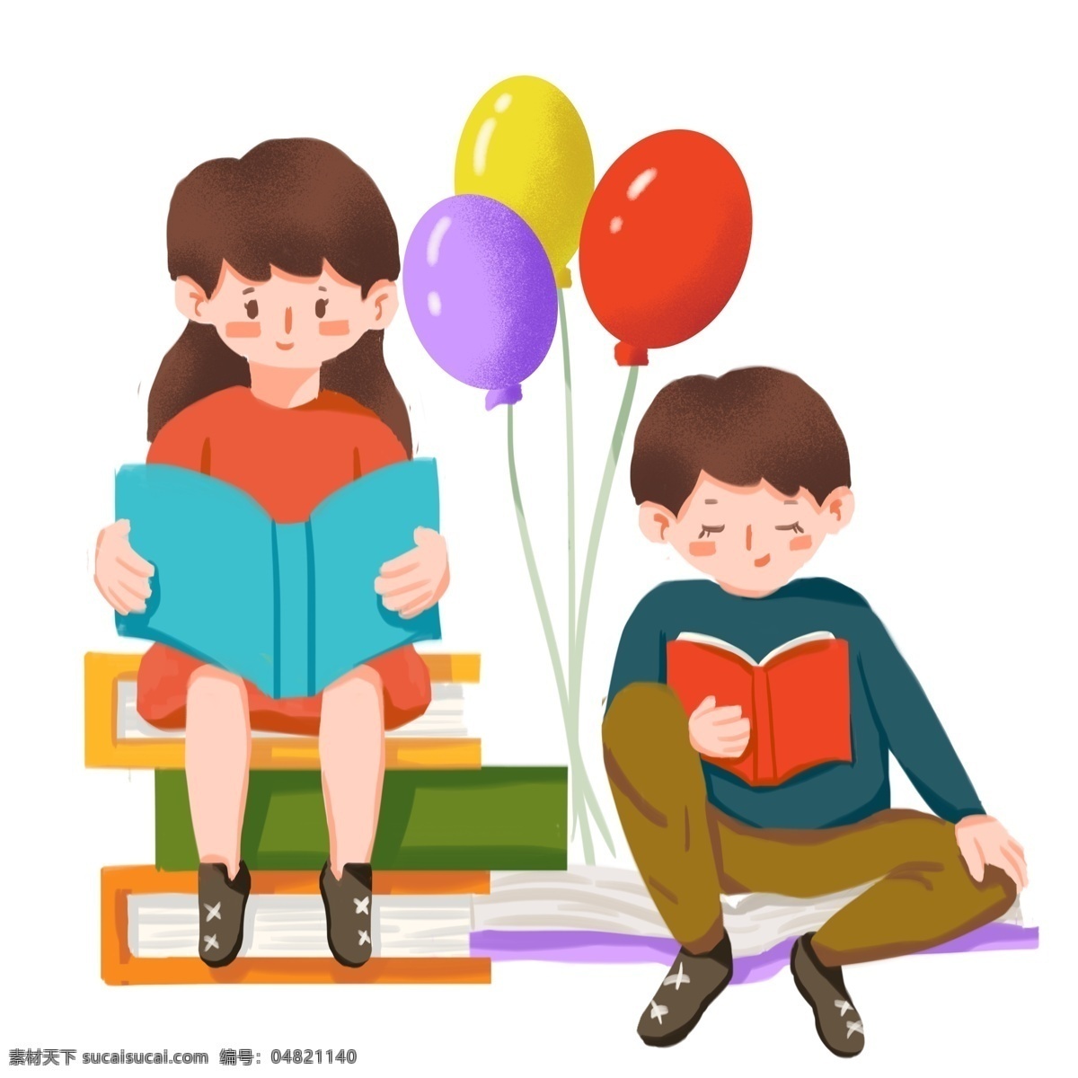 世界 读书 日 看书 卡通 人物 插画 元素 世界读书日 图书 卡通手绘 卡通人物 手绘插画 板绘插画 板绘 手绘 气球 情侣 生活 学习