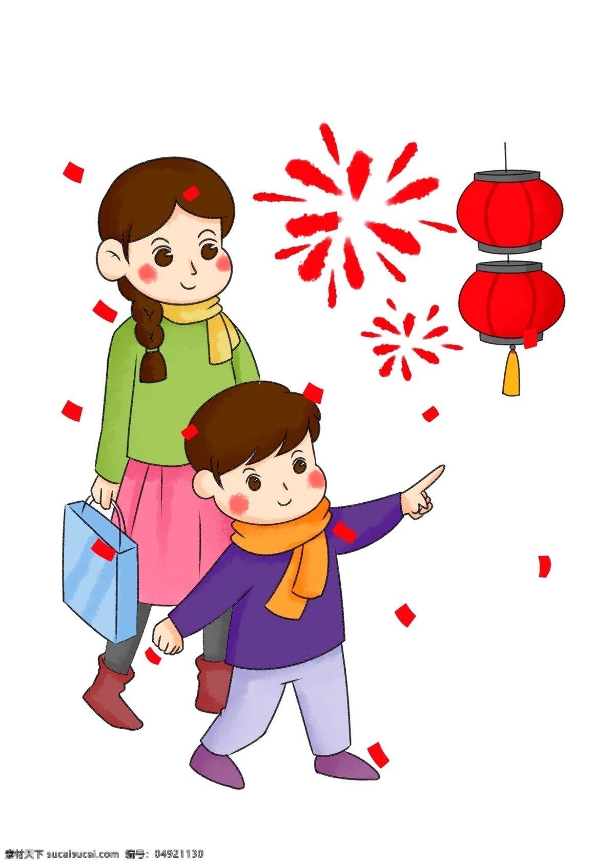 可爱 卡通 2019 年 新年 快乐 小朋友 可爱小朋友 2019年 新年快乐 卡通女孩 卡通烟花 卡通灯笼 红色灯笼 放烟花 猪年