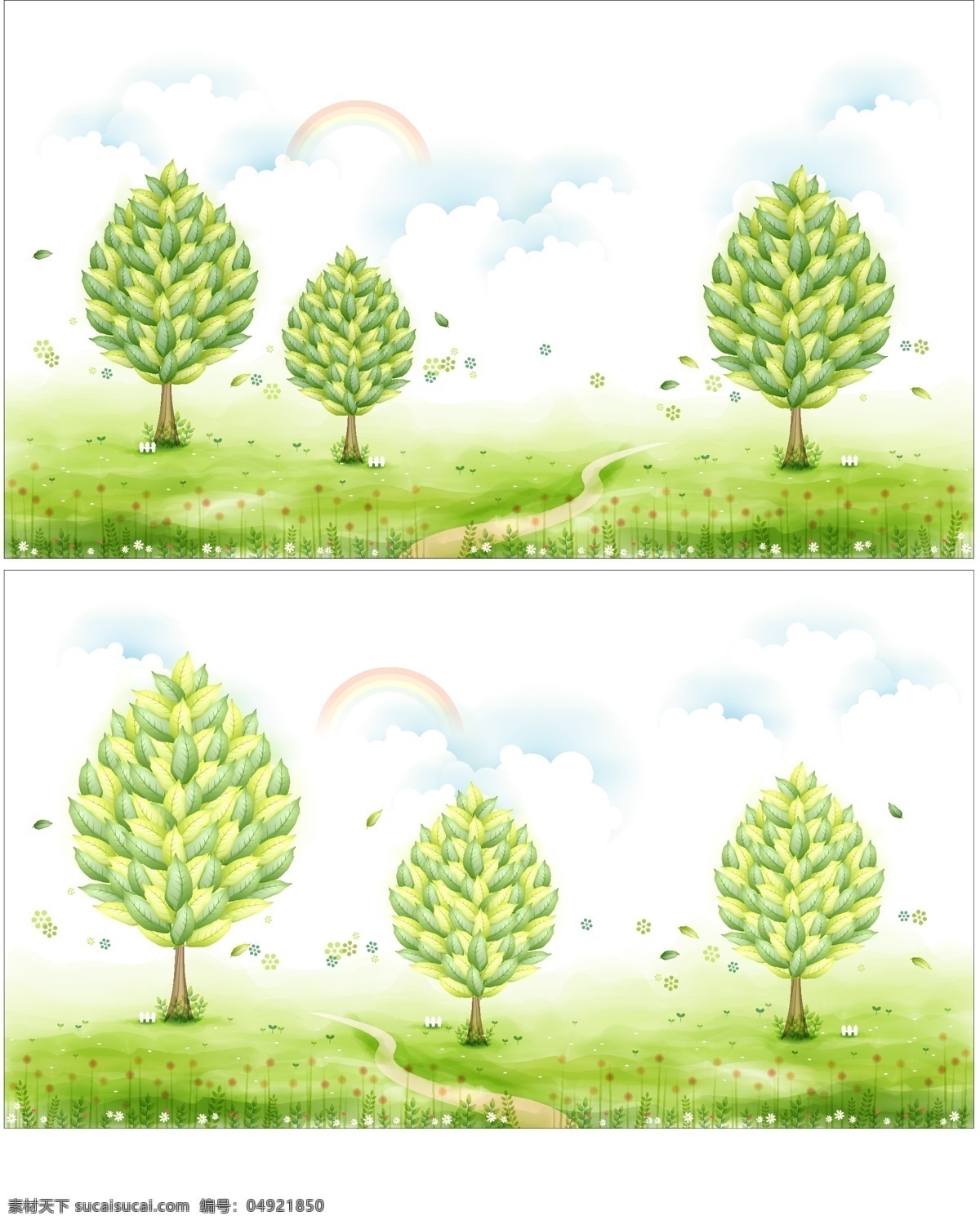 清新 树木 插画 矢量 大树 植物 彩虹 云朵 白云 草地 草坪 树叶 叶子 春天 春季 梦幻 背景 海报 画册 矢量植物 生物世界 树木树叶