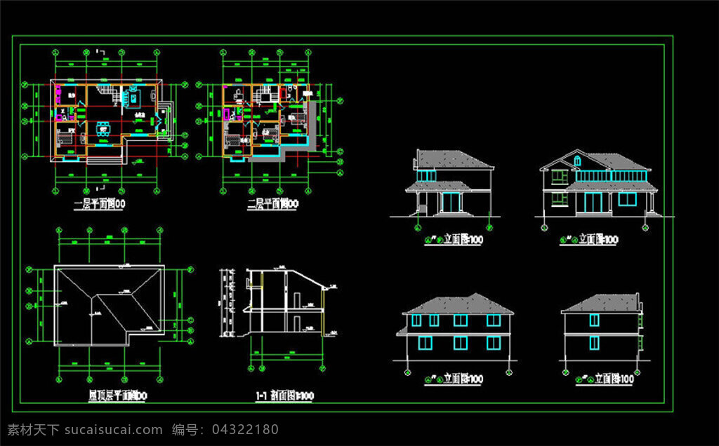 施工图 工程设计 cad 图纸 源文件 施工 设计图 图纸模板下载 豪华别墅 cad图纸 dwg 黑色