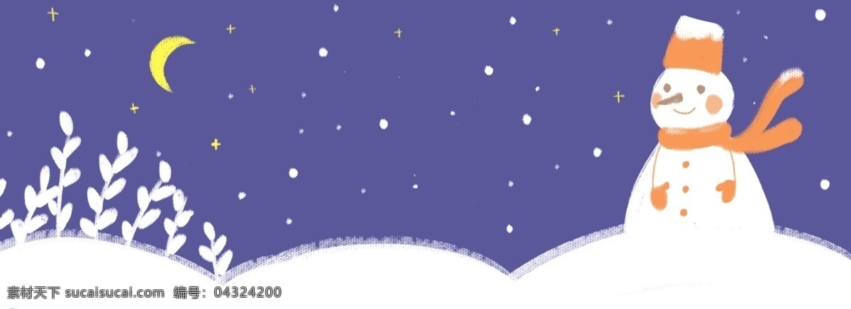 纯 原创 冬至 手绘 夜晚 雪人 下雪 背景 雪景 雪花