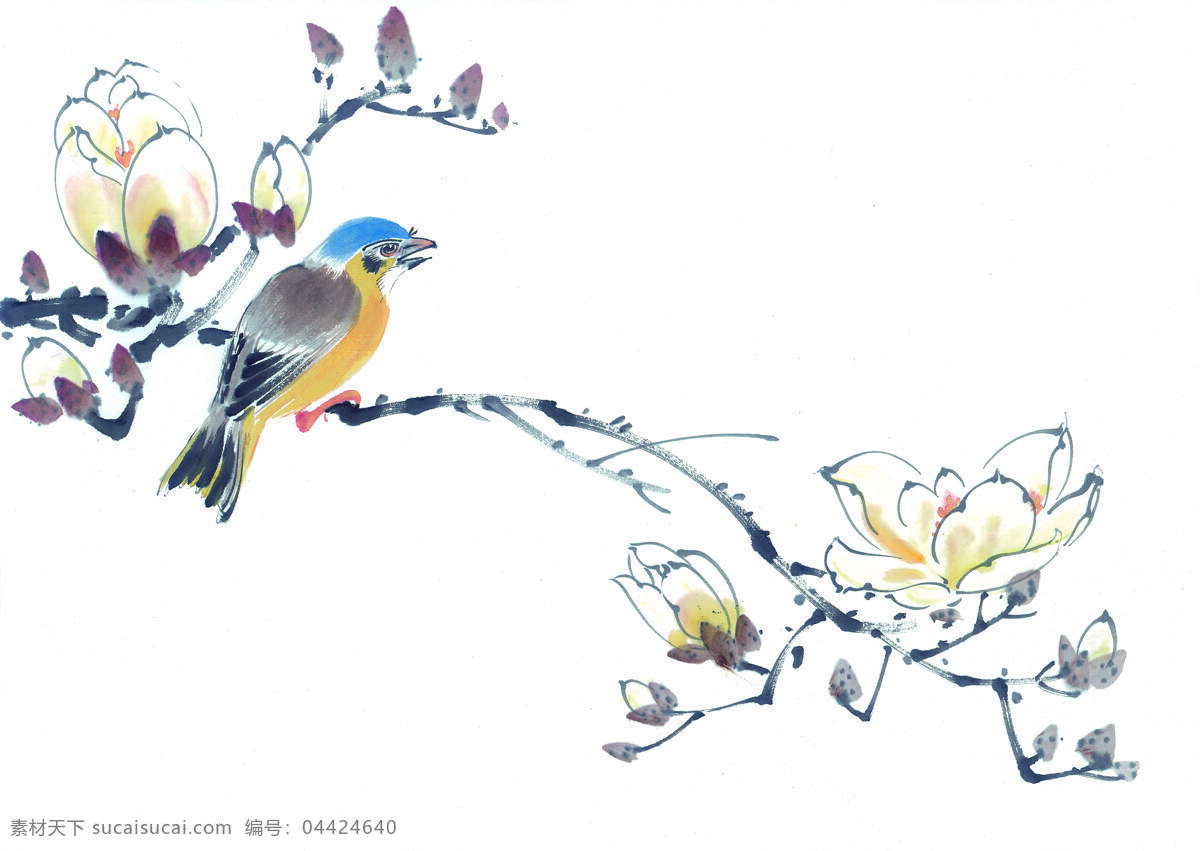 小鸟免费下载 动物 花丛 喜鹊 小鸟 油墨画 中华艺术绘画 文化艺术