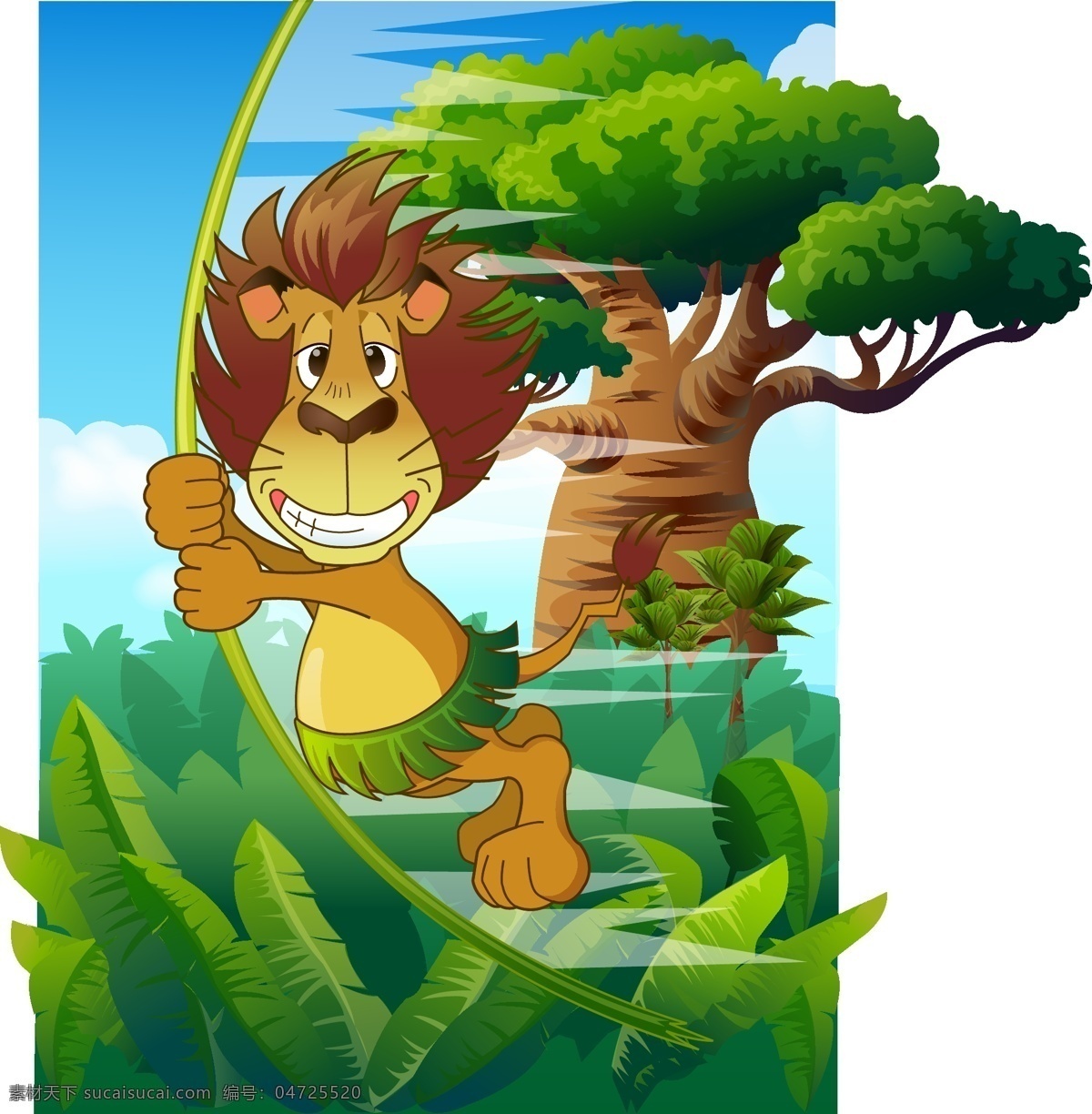 狮子荡秋千 矢量动物 矢量狮子 动物狮子 插画狮子 插画树木 手绘植物 手绘森林 可爱动物 可爱狮子 卡通动物 动物 生物世界 野生动物