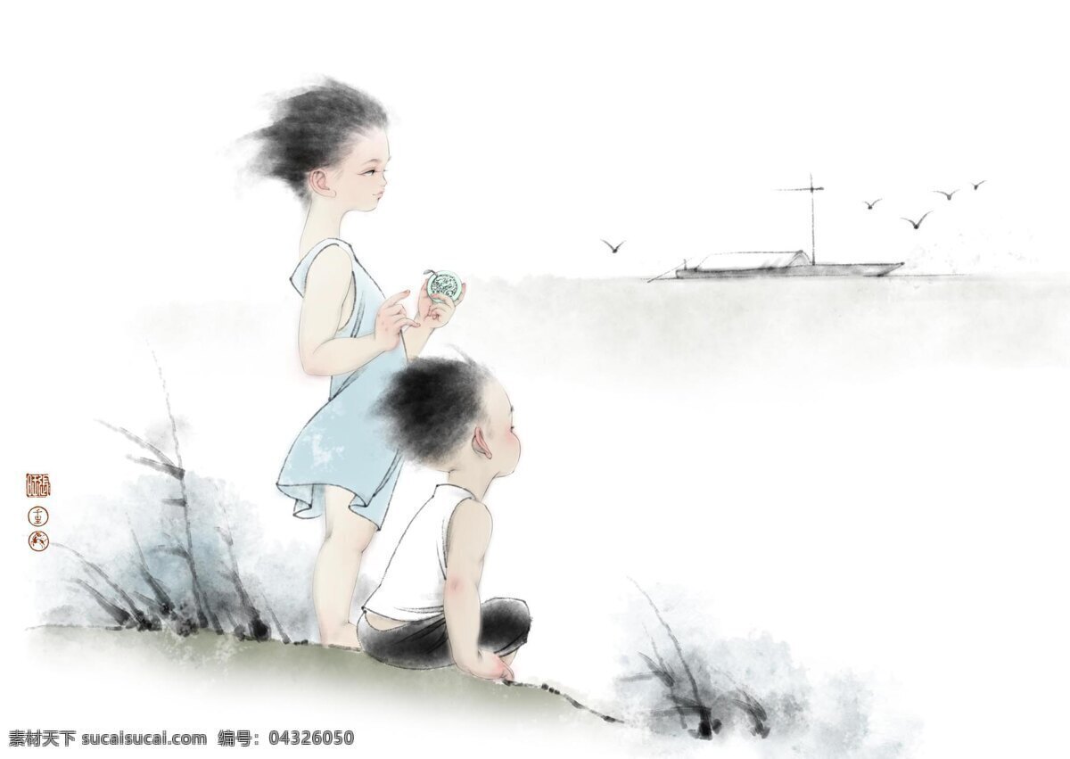 江边 小童 帆船 画家张旺作品 两个小童 手拿玉玦 家居装饰素材 山水风景画