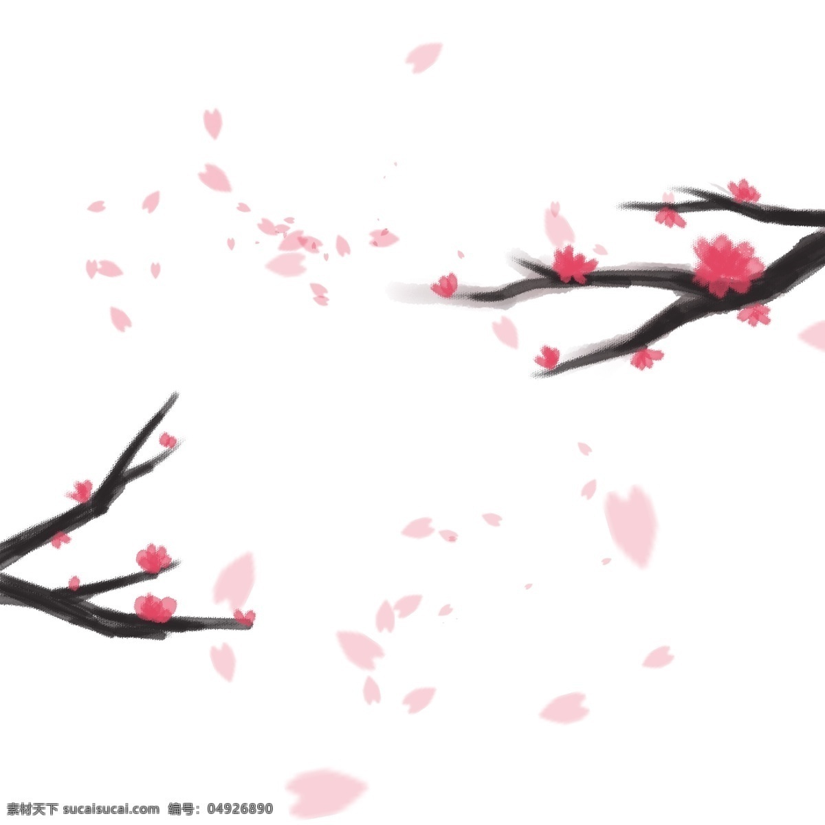中国 风 手绘 花瓣 飘落 新年 梅花 中国风 红色 红梅 装饰 落花 树枝 粉色 水墨风 风吹