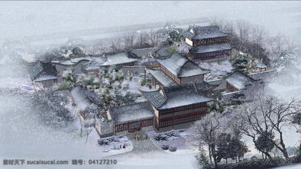 四合院图片 古典 四合院 雪景 中国风 中国元素 分层 风景