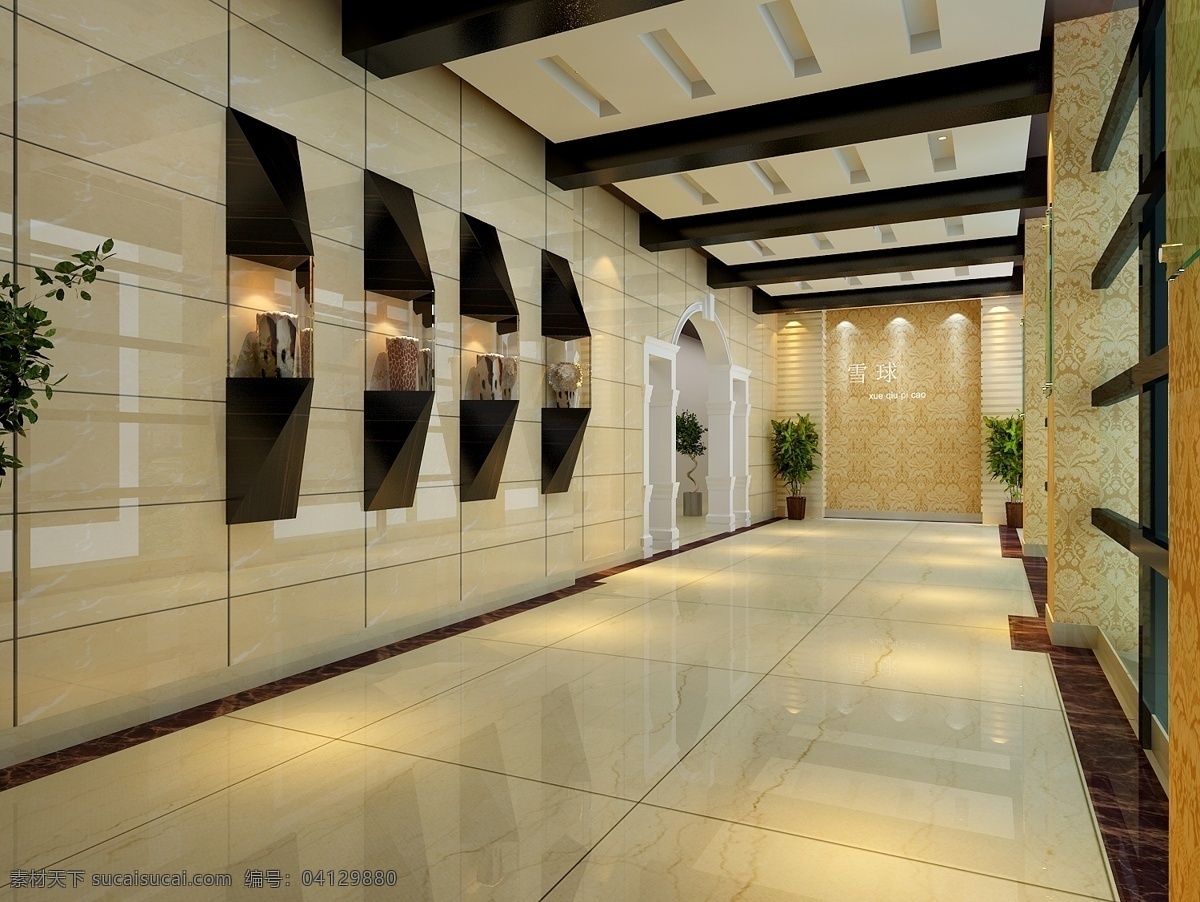 走道 豪华 装饰 效果图 低调 地板砖 黑白色 3d模型素材 室内装饰模型