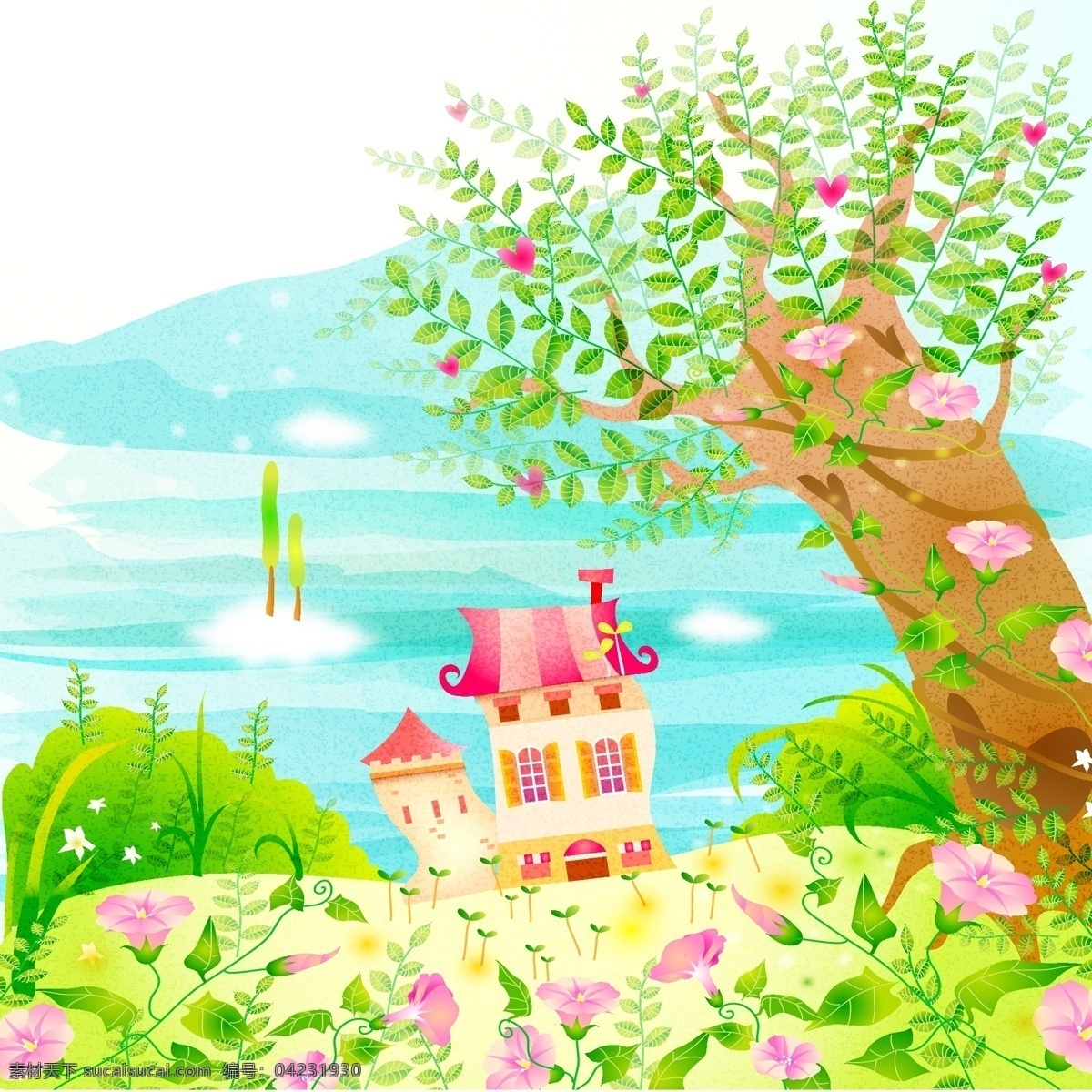 卡通 大海 小岛 城堡 背景 矢量 海报