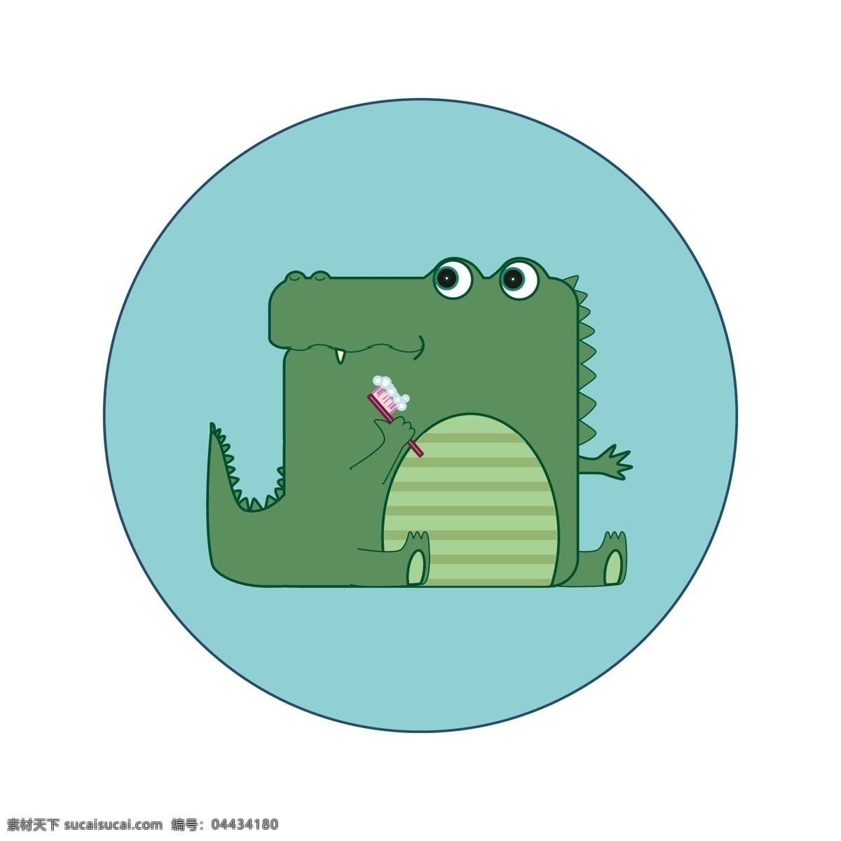 趣味 卡通 扁平化 方形 动物 小 鳄鱼 形象 插图 元素 插画 可爱 动物形象 小鳄鱼 刷牙 冷色