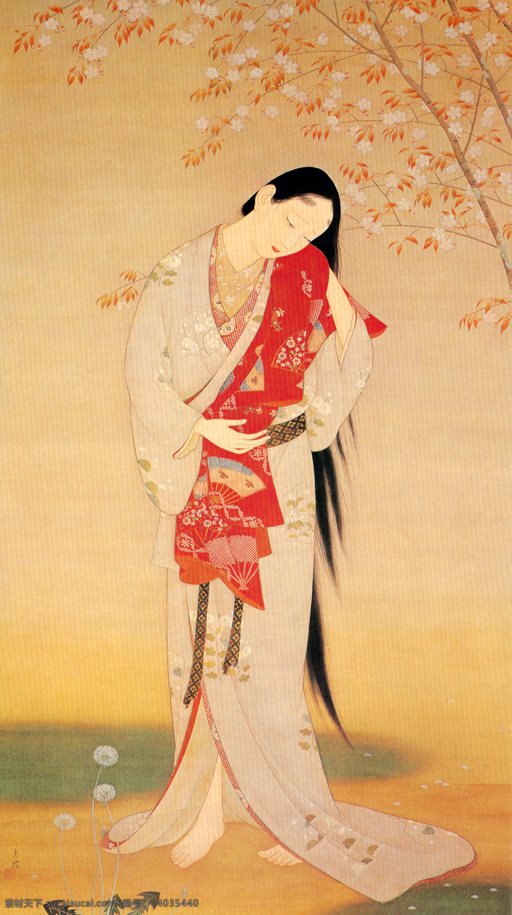 日本美人图 日本绘画 春日 樱花 和服 浮世绘 美人 日本传统绘画 绘画书法 文化艺术
