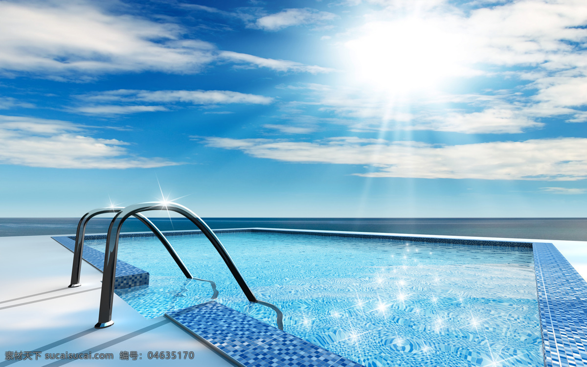 蓝天 白云 下 泳池 天空 游泳池 太阳 阳光照射 天空云彩 自然景观 白色