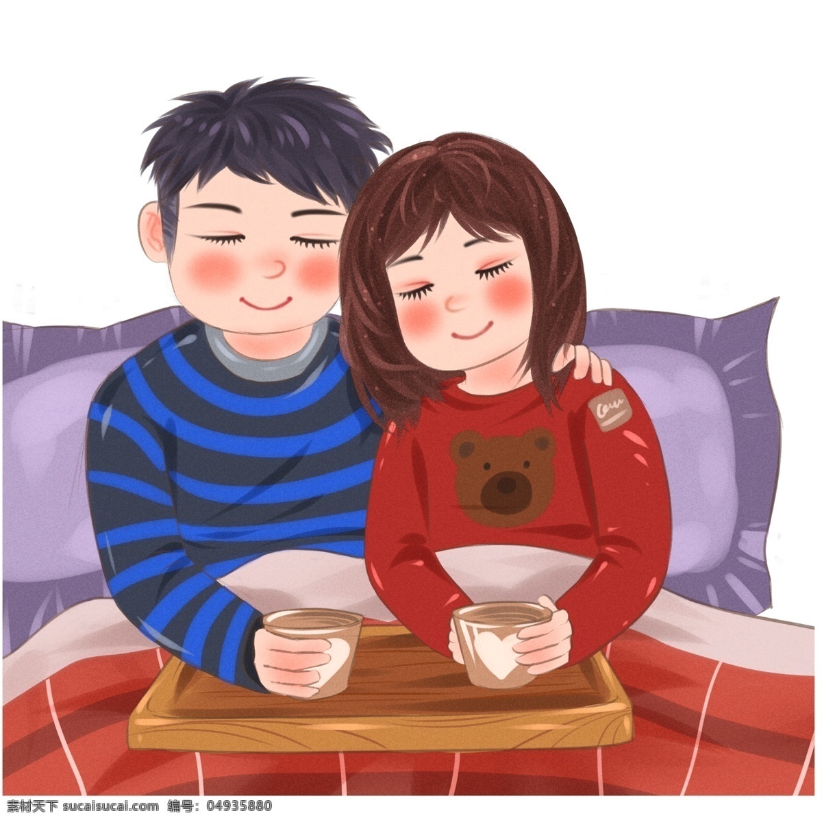 冬季 盖 被子 喝 热茶 小 夫妻 冬天 插画 枕头 情侣 手绘 盖被子 喝热茶 男生 女生