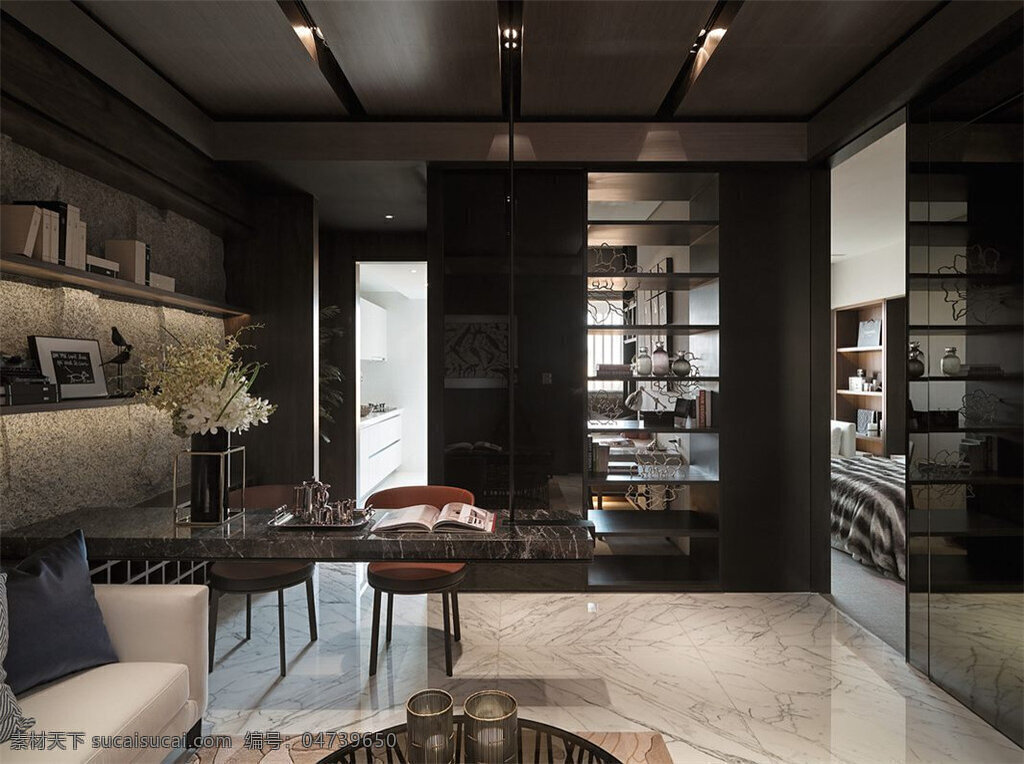 现代 时尚 客厅 褐色 天花板 室内装修 效果图 瓷砖地板 客厅装修 圆形茶几 白色沙发