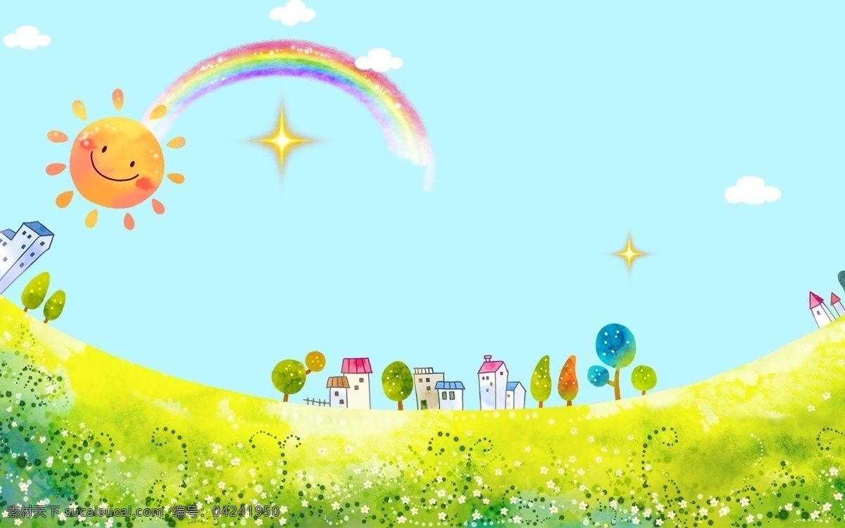手绘 绿色 儿童节 背景 小清新 花朵 气球 草地 自行车 树木 儿童节背景 桃花 青青小草