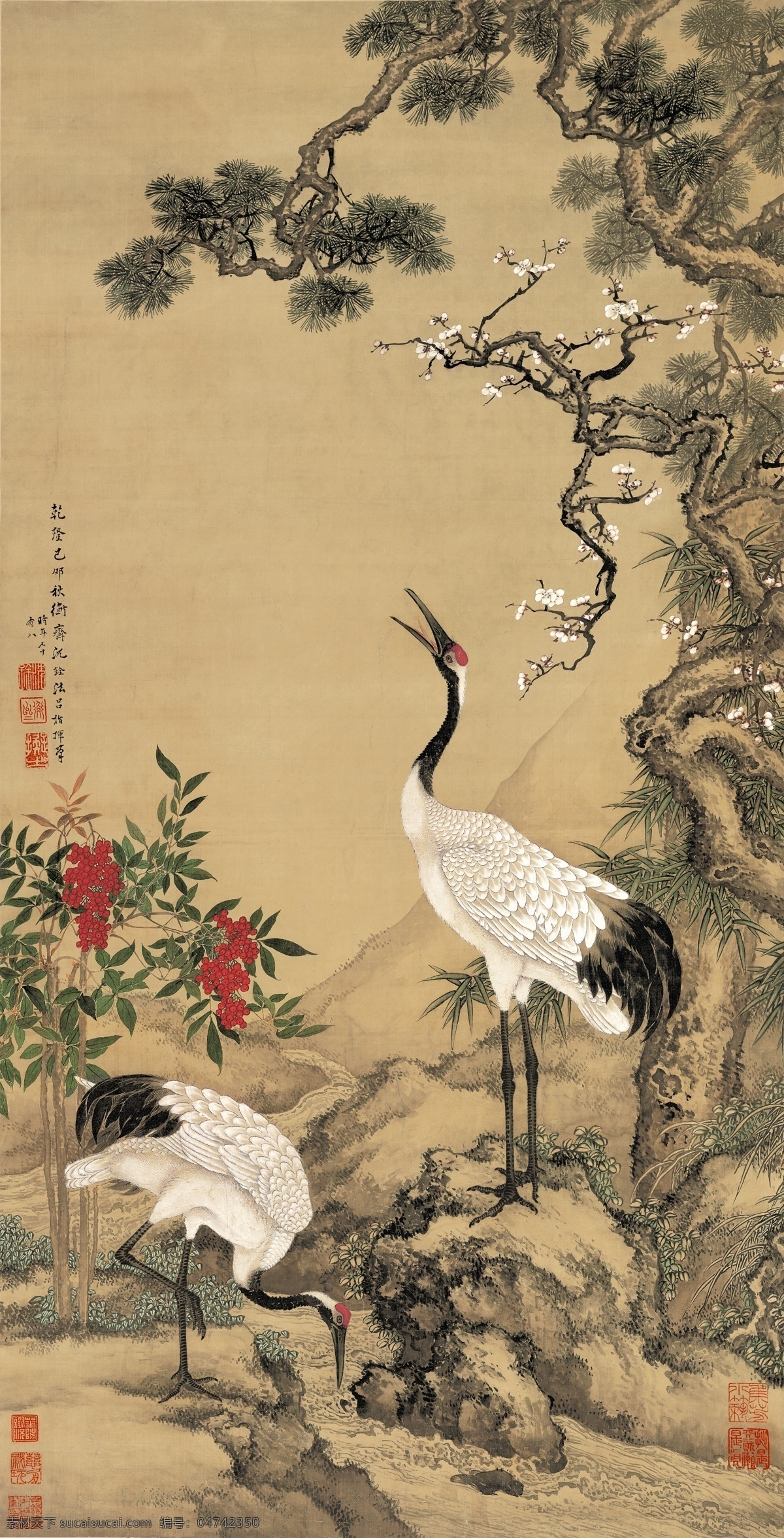 高清大图 山水画 古画 泼墨 装饰画 博物馆画 松梅双鹤图 仙鹤 山水古画 文化艺术 传统文化