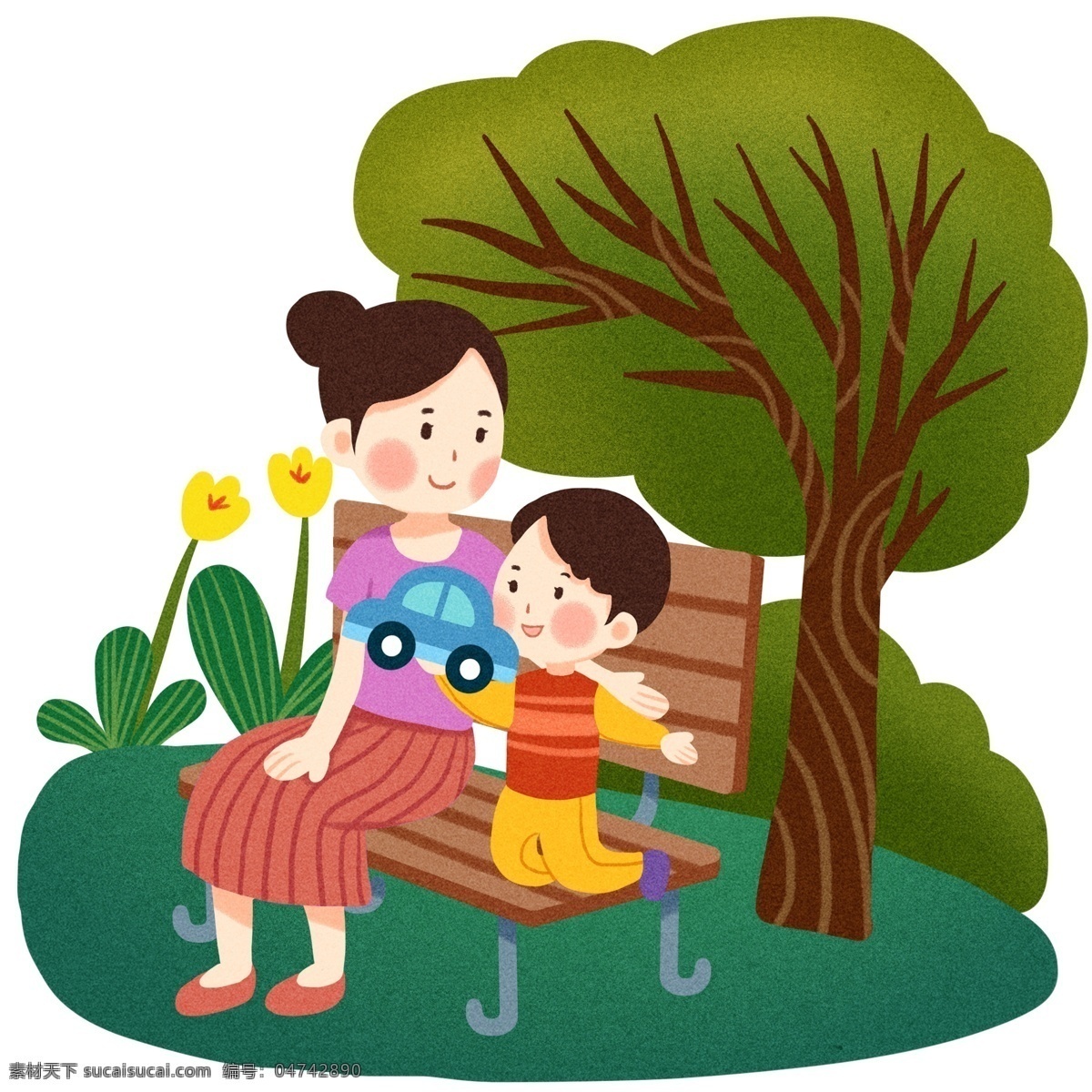 漂亮 妈妈 陪 小孩 逛 公园 漂亮的妈妈 可爱的小孩 黄色的长椅 绿色的树木 植物装饰 黄色的鲜花 母婴插画