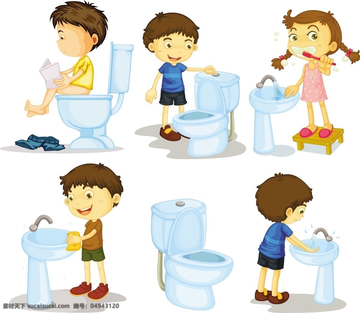 生活 中 的卡 通 男孩 刷牙 上厕所 洗手 冲水 卡通男孩 女孩 生活人物 人物图标 卡通人物 人物插图 儿童幼儿 矢量人物 矢量素材 白色