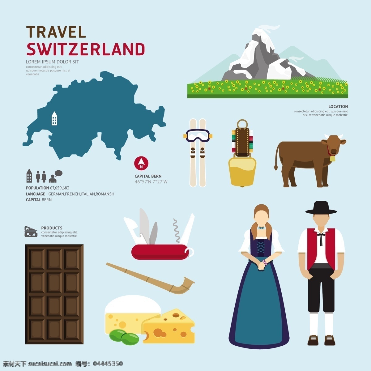旅游文化 瑞士 文化 扁平化 地标 滑雪 奶酪 巧克力 雪山 帐篷 瑞士军刀 矢量图