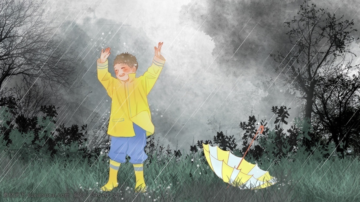 小 清新 夏天 雨天 草地 上 淋雨 玩耍 小孩 小清新 下雨 草坪 阴天 阴雨 玩乐 小男孩