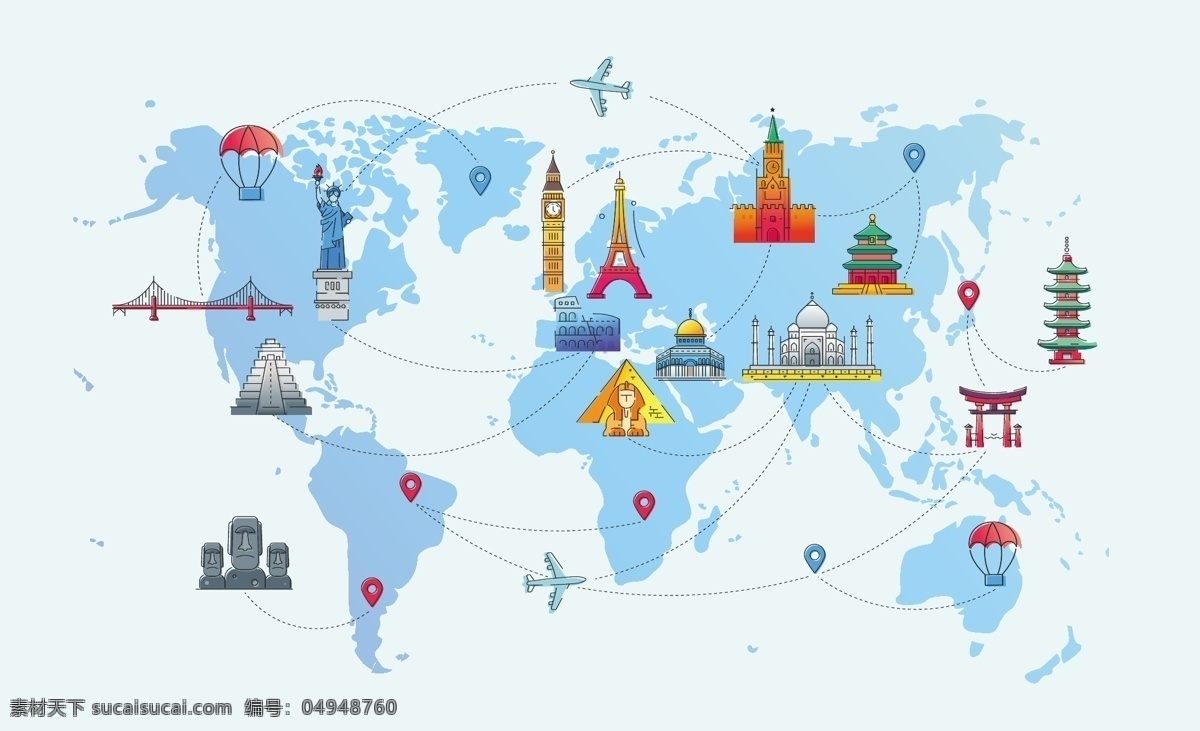 世界 矢量 线 旅行 图 代表性 图标 金字塔 飞机 热气球 彩色 埃菲尔铁塔 大本钟 自由女神 故宫 泰姬陵