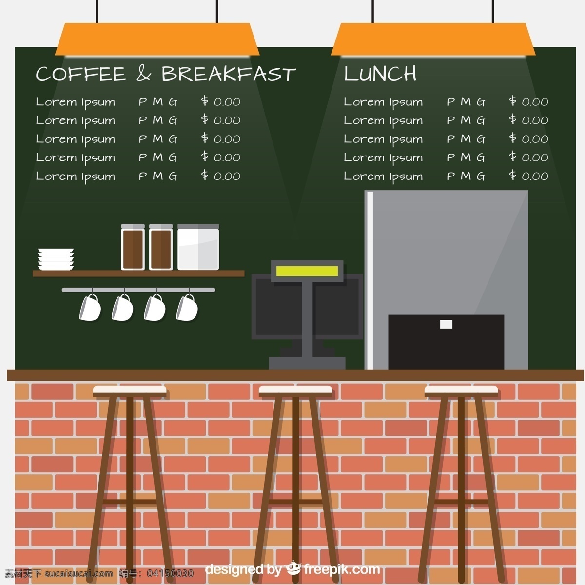 扁平化 咖啡馆 内部 吧台 矢量 咖啡 咖啡杯 咖啡机 椅子 菜单 黑板 饮品 矢量图