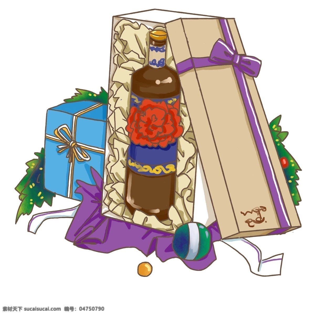 平安夜 圣诞节 礼物 盒 打开 酒水 礼物盒 紫色 蓝色 打开的礼物 松枝 圣诞元素