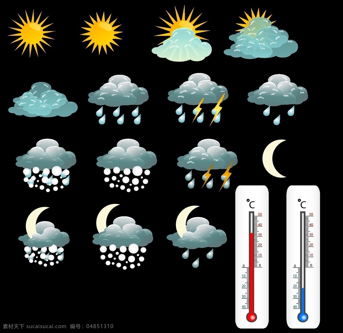 温度计 天气 图标 矢量 温度表 晴天 多云 阴天 小雨 中雨 大雨 雷阵雨 阵雨 白天 夜晚 太阳 月亮 雪天 标签 网页 插画 海报 背景 画册 图标按钮 标志图标 网页小图标