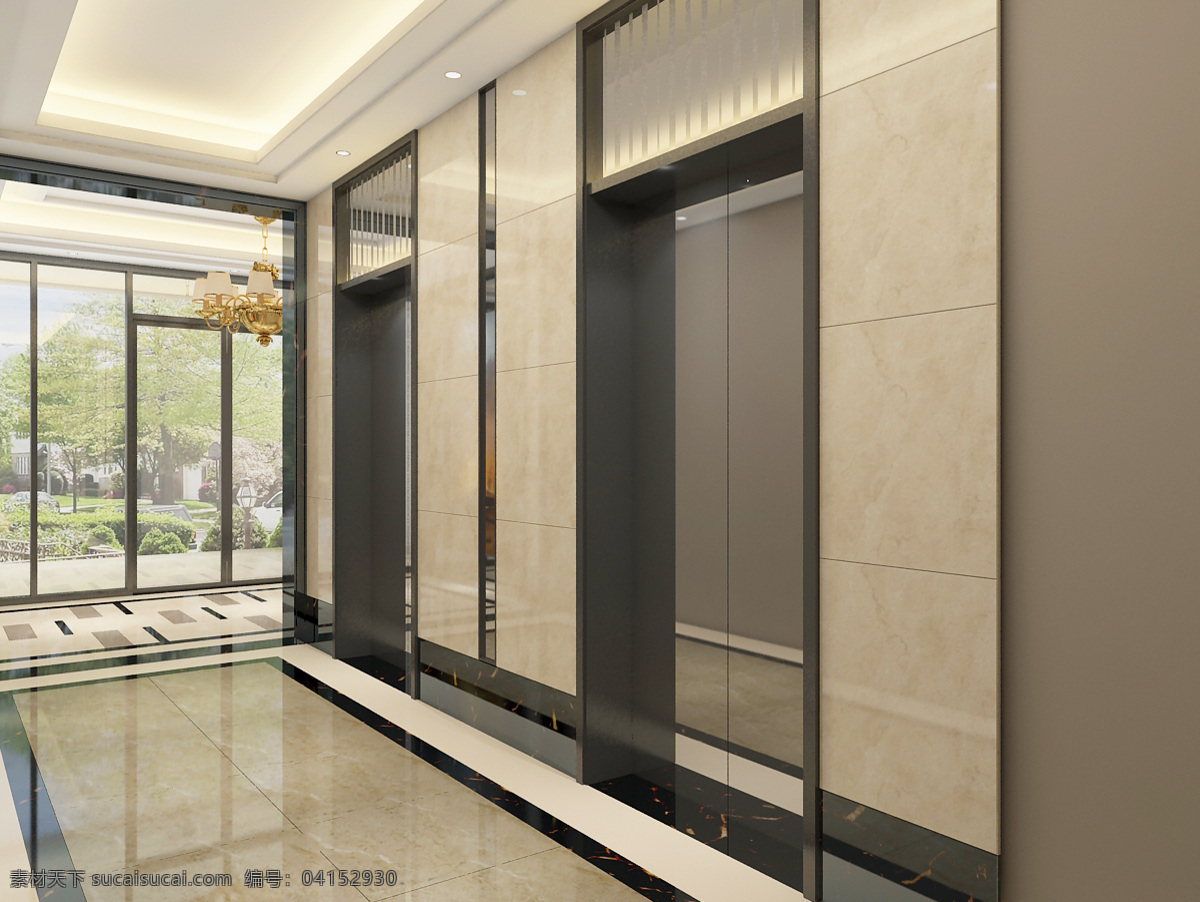 电梯间 装饰 效果图 大理石 硅藻泥 铝合金窗 波导线 电梯
