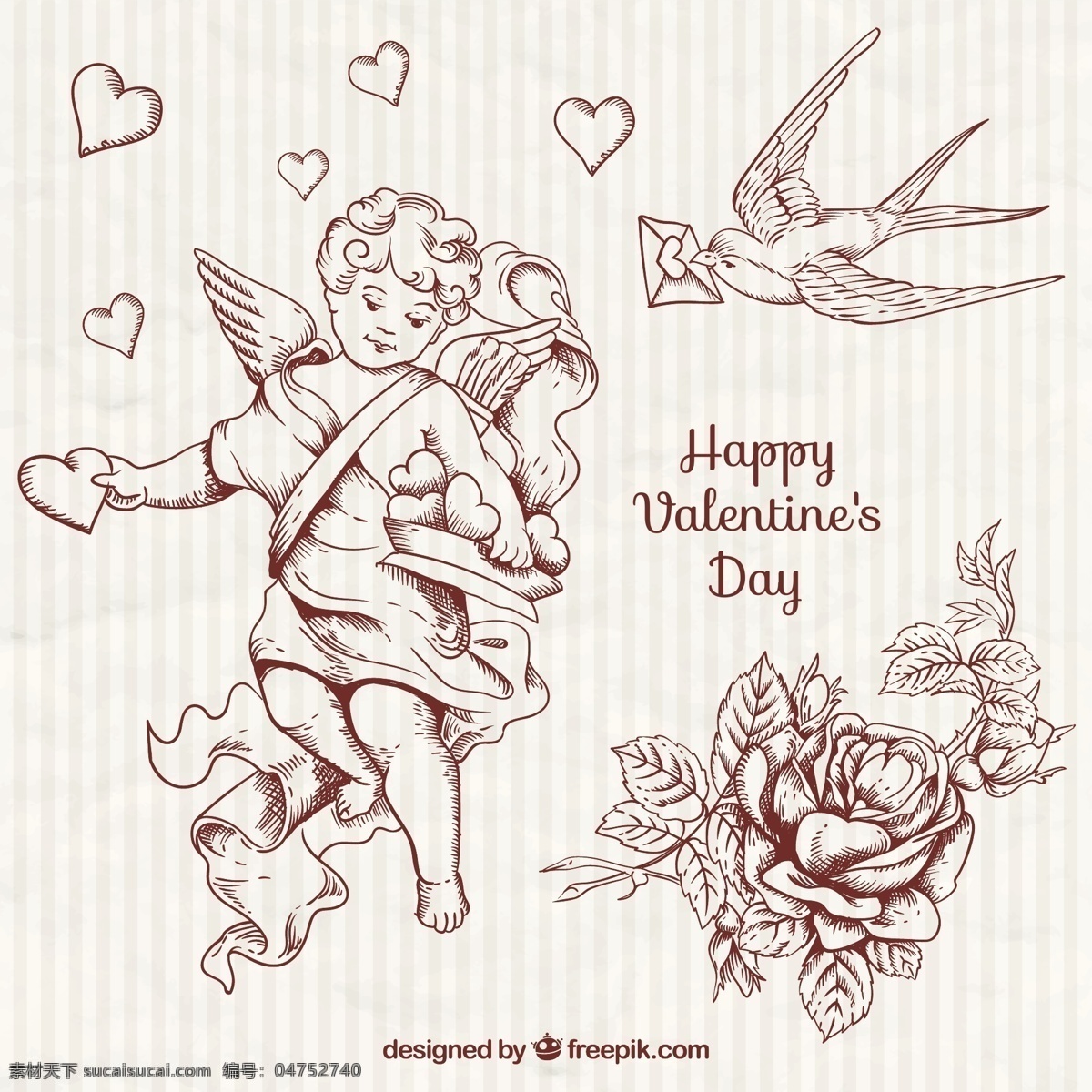 款 复古 手绘 情人节 元素 矢量 爱心 happy valentines day 情人节快乐 玫瑰花 丘比特 天使 情书 鸽子 矢量图