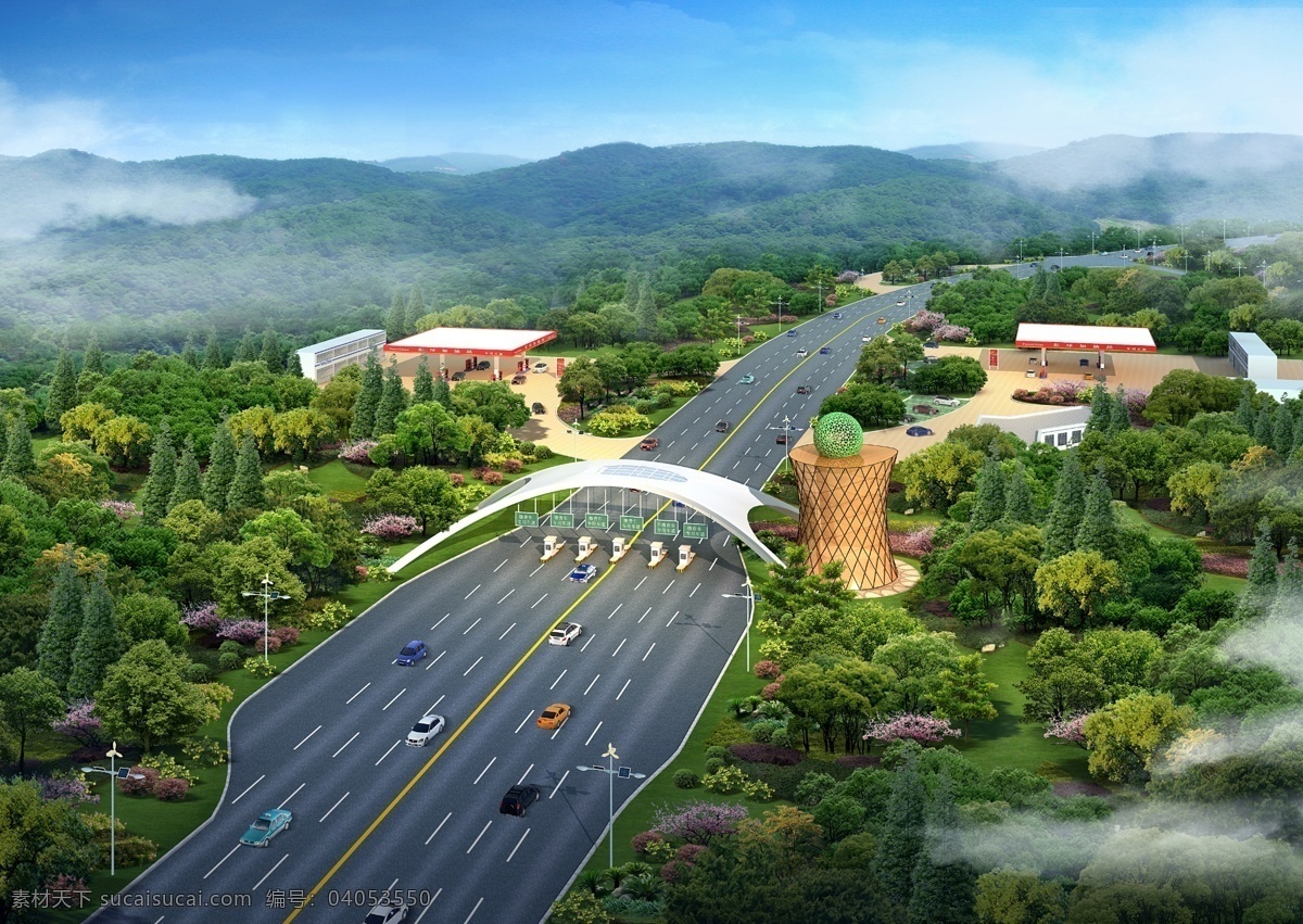 杨山 高速公路 鸟瞰 汽车 人物 路灯 加油站 树木 山峰 房屋 建筑物 蓝天 白云 景观设计 环境设计
