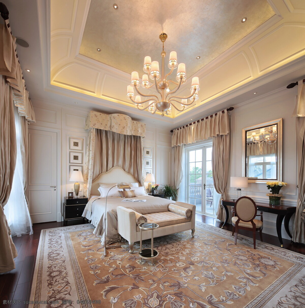 欧式 豪华 卧室 水晶灯 效果图 方形吊顶 白色射灯 花色地毯 床铺 灰色窗帘 壁画 镜子