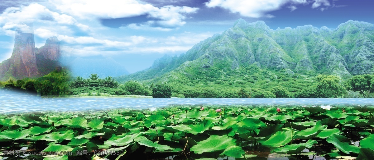 分层 风景 高山 荷花 荷叶 湖水 蓝天白云 山 山水风景 模板下载 树木 源文件库 psd源文件