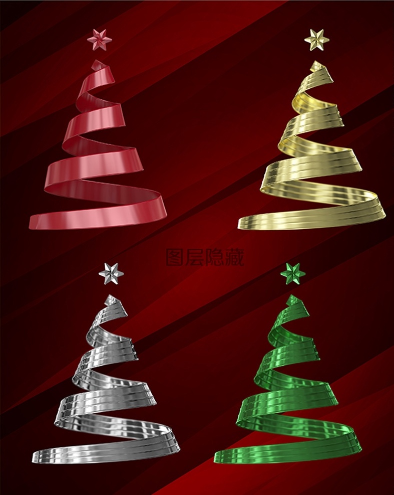3d圣诞树 3d 圣诞树 红色背景 红色圣诞树 金色圣诞树 银色圣诞树 绿色圣诞树 丝带圣诞树 飘带圣诞树 3d物体 分层