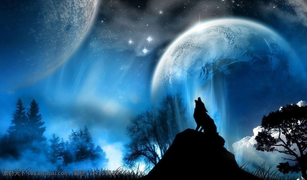 星空 星球 山峰 狼 狼叫 月亮 树林 风景漫画 动漫动画