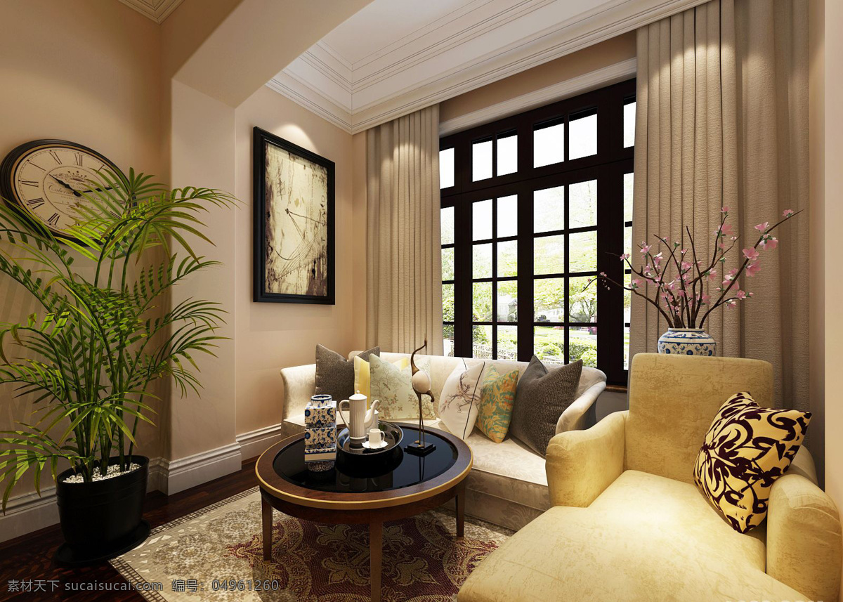 美式 清新 客厅 浅黄色 沙发 室内装修 效果图 木地板 圆茶几 客厅装修 大盆栽 黄色条纹抱枕