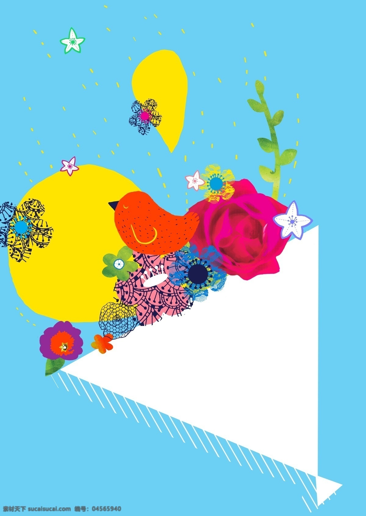 花束 上 小鸟 插画 psd素材 花朵 花卉 植物 psd源文件