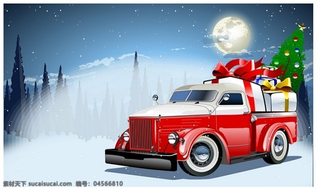 月色 下 圣诞 礼物 红色车 冷杉树 圣诞礼物 圣诞树 圆月