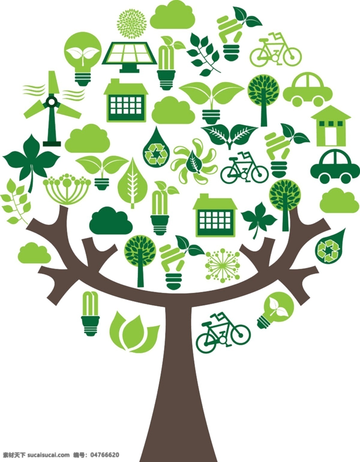 绿色环保 环保 绿树 大树 绿色大树 环保树 环保回收资源 资源 树 灯泡 自行车 电池 汽车 废物利用 回收利用 再生资源 再生 分层