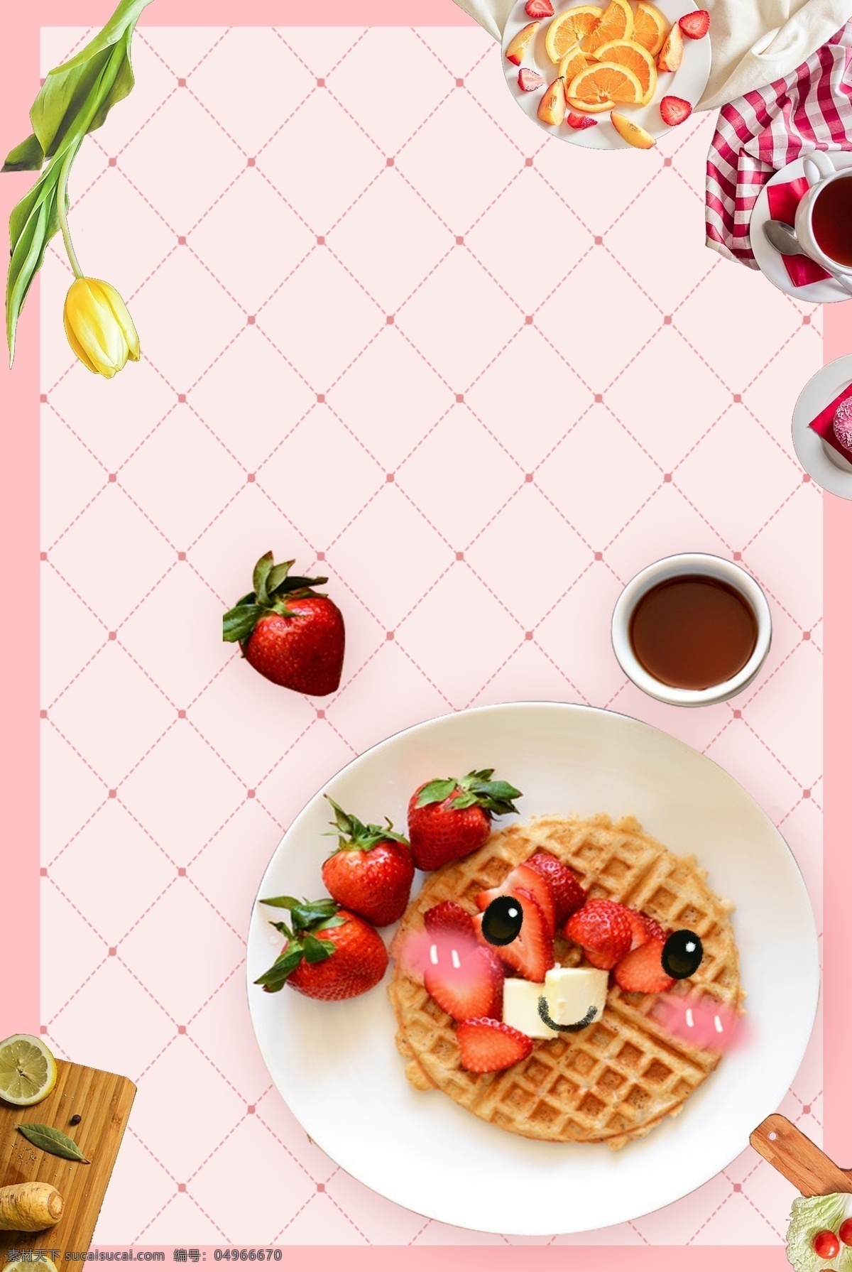 创意 美食 草莓 华夫 饼 贴 秋 膘 粉色 广告 背景 华夫饼 贴秋膘 背
