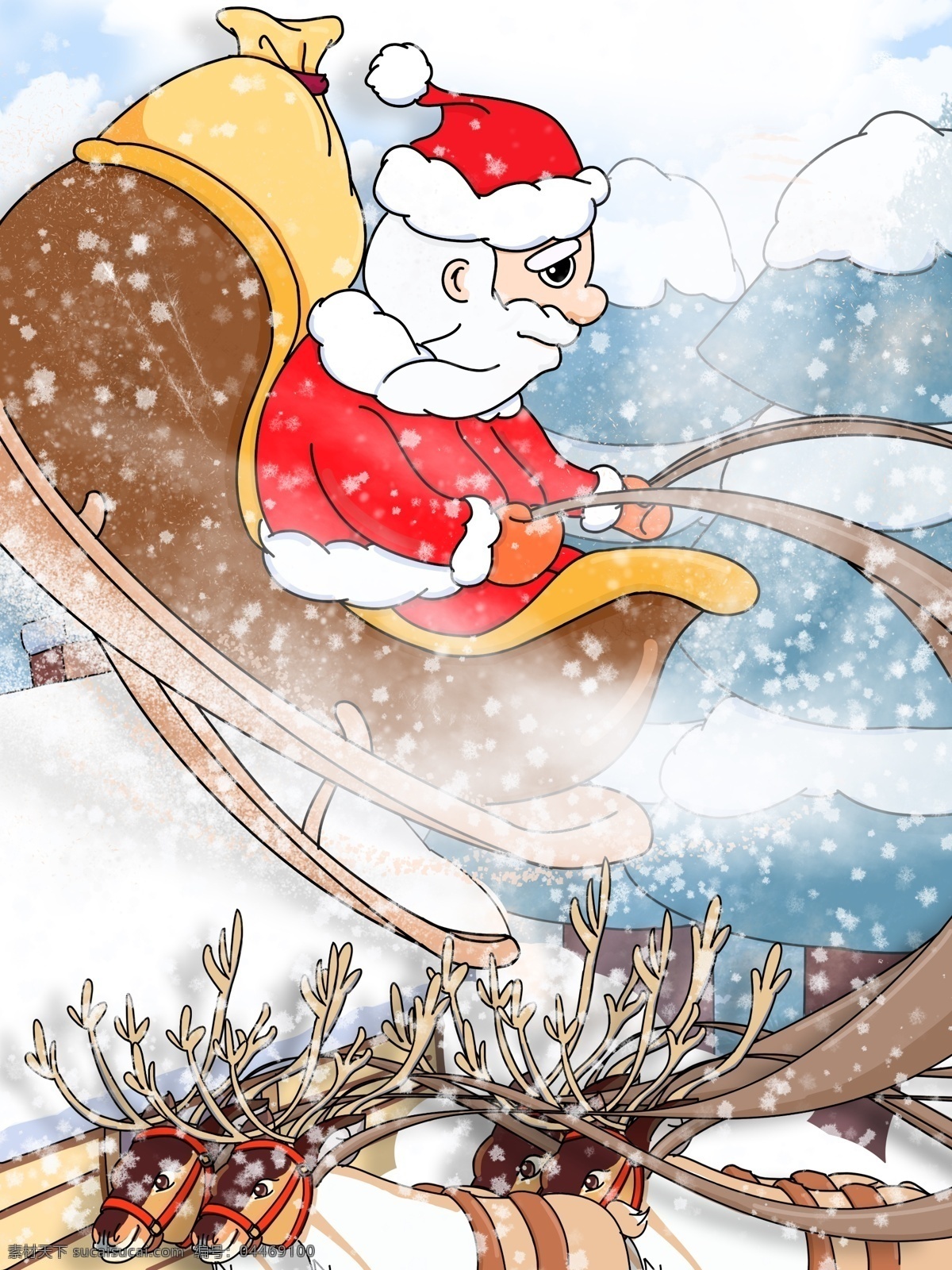 原创 插画 圣诞节 卡通 圣诞老人 雪橇