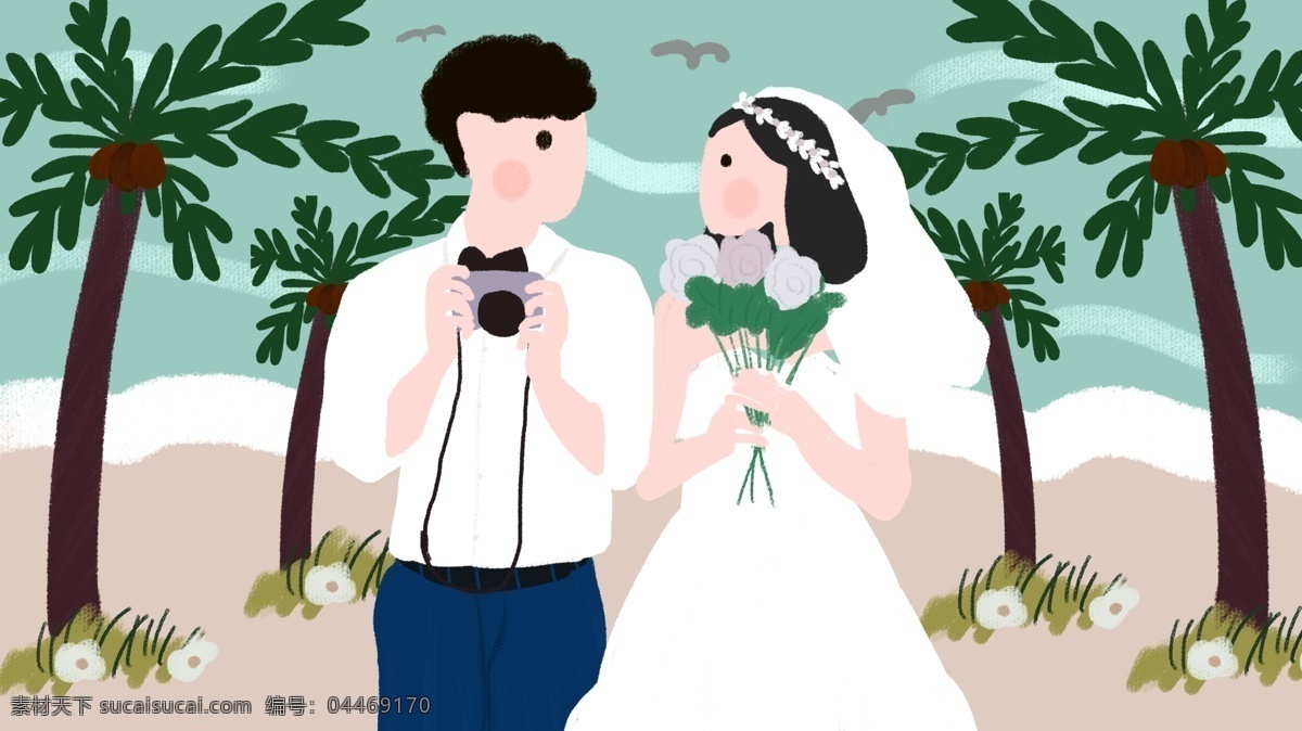 结婚 婚纱礼服 男女 捧 花 小清 新浪 漫 户外 插画 婚纱 小清新 浪漫 合影 礼服 捧花 户外插画