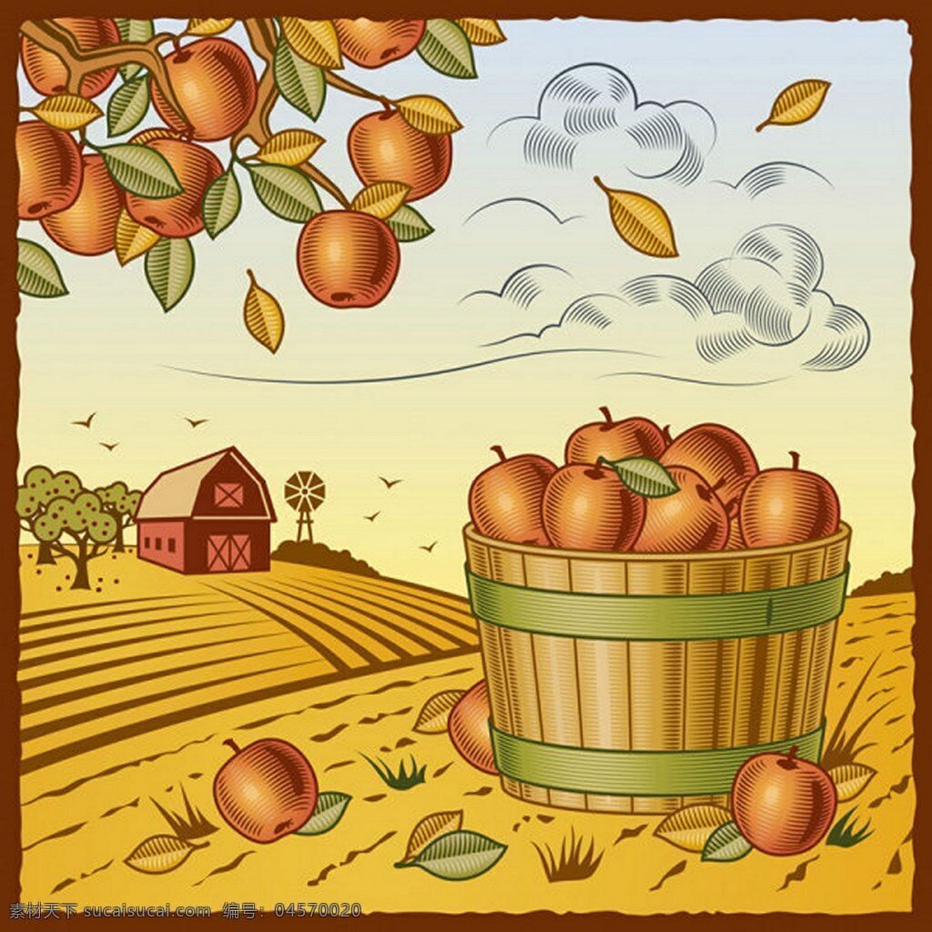 秋季 收 苹果 背景 图 广告背景 广告 背景素材 木桶 橙色 季节 农场 有机农场 房子 田野 黄色背景 水果 云朵