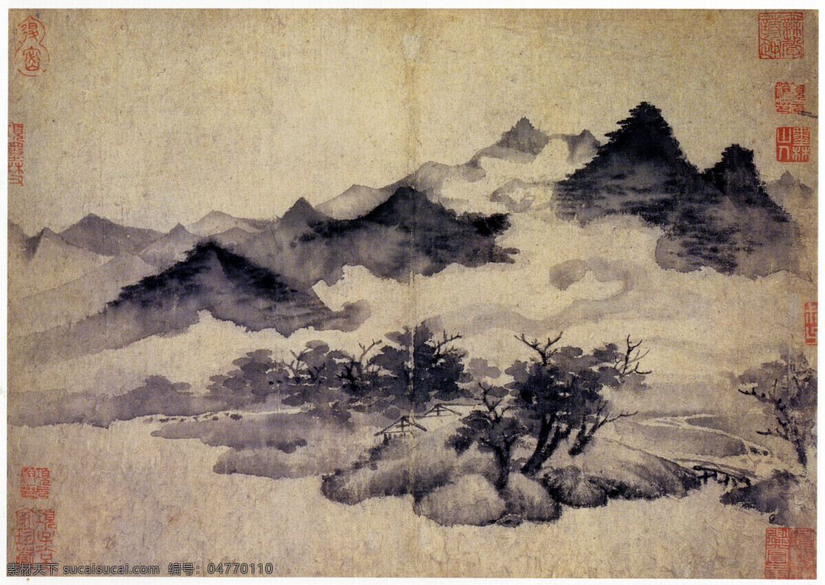 中国 古画 山水 图 艺术 国画 水墨 灰色