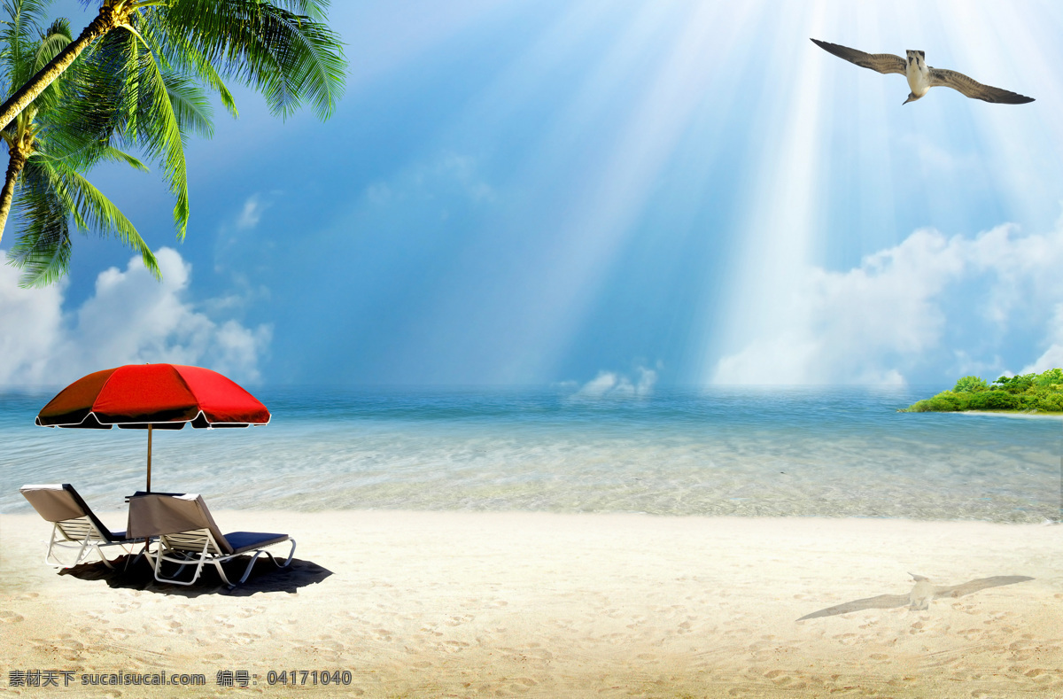 海边 度假 休闲 娱乐 风景 海边风景 大海 躺椅 蓝天 沙滩 遮阳伞 海鸥 光束 大海图片 风景图片