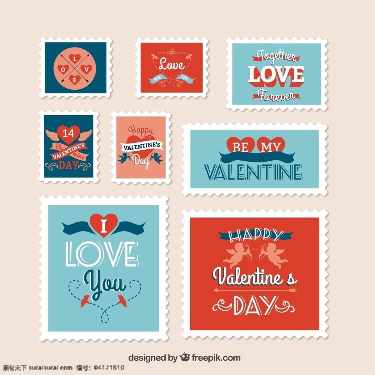 创意 情人节 邮票 矢量图 爱心 天使 丝带 happy valentines day
