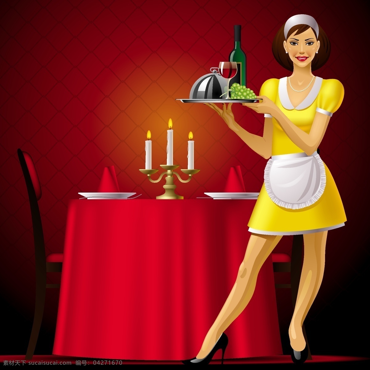 eps格式 餐厅 服务员 红布 蜡烛 女人 女性 盘子 葡萄 葡萄酒 外国 矢量 桌布 烛台 椅子 桌子 人物 矢量素材 矢量图 矢量人物