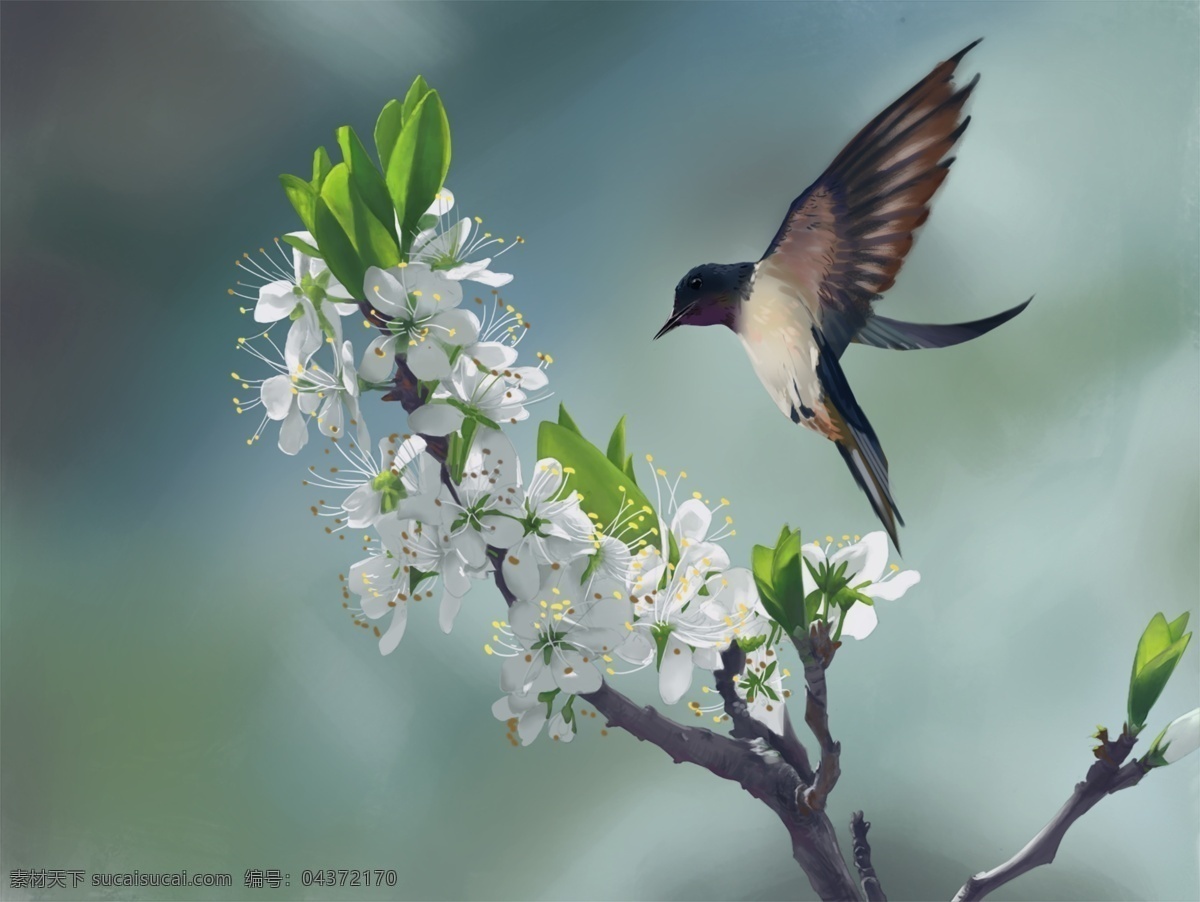 小鸟 春季 枝头 绿色 插画 背景 清新 类 分层