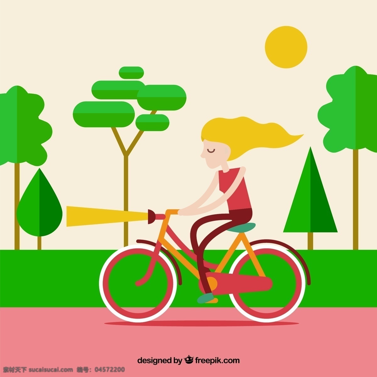 郊外 骑 单车 金发 女子 矢量 骑车 女人 人物 休闲 运动 大树