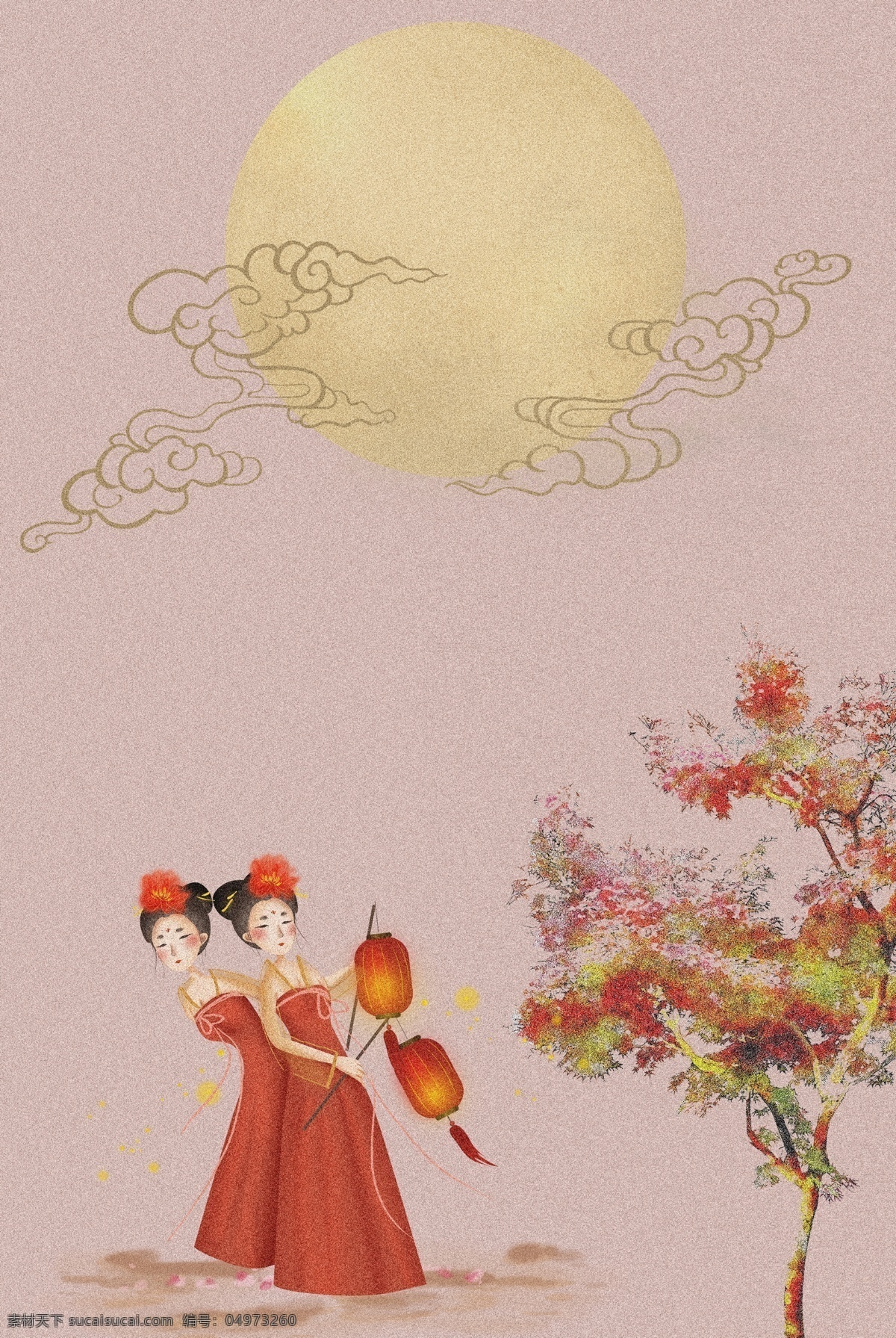 复古 中国 风 工笔画 唐朝 月下 仕女图 中国风 典雅 月亮 夜晚 侍女 女子